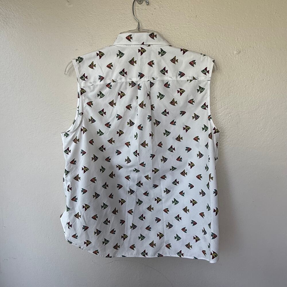 Lands' End women's white sleeveless button-down shirt all-over fish print. - Picture 6 of 8